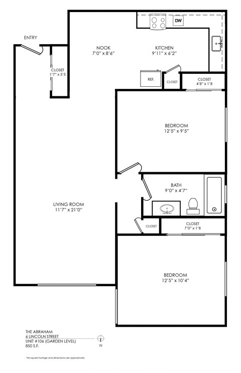 Floor plan for 2 beds, 1 bath, 947 sqft